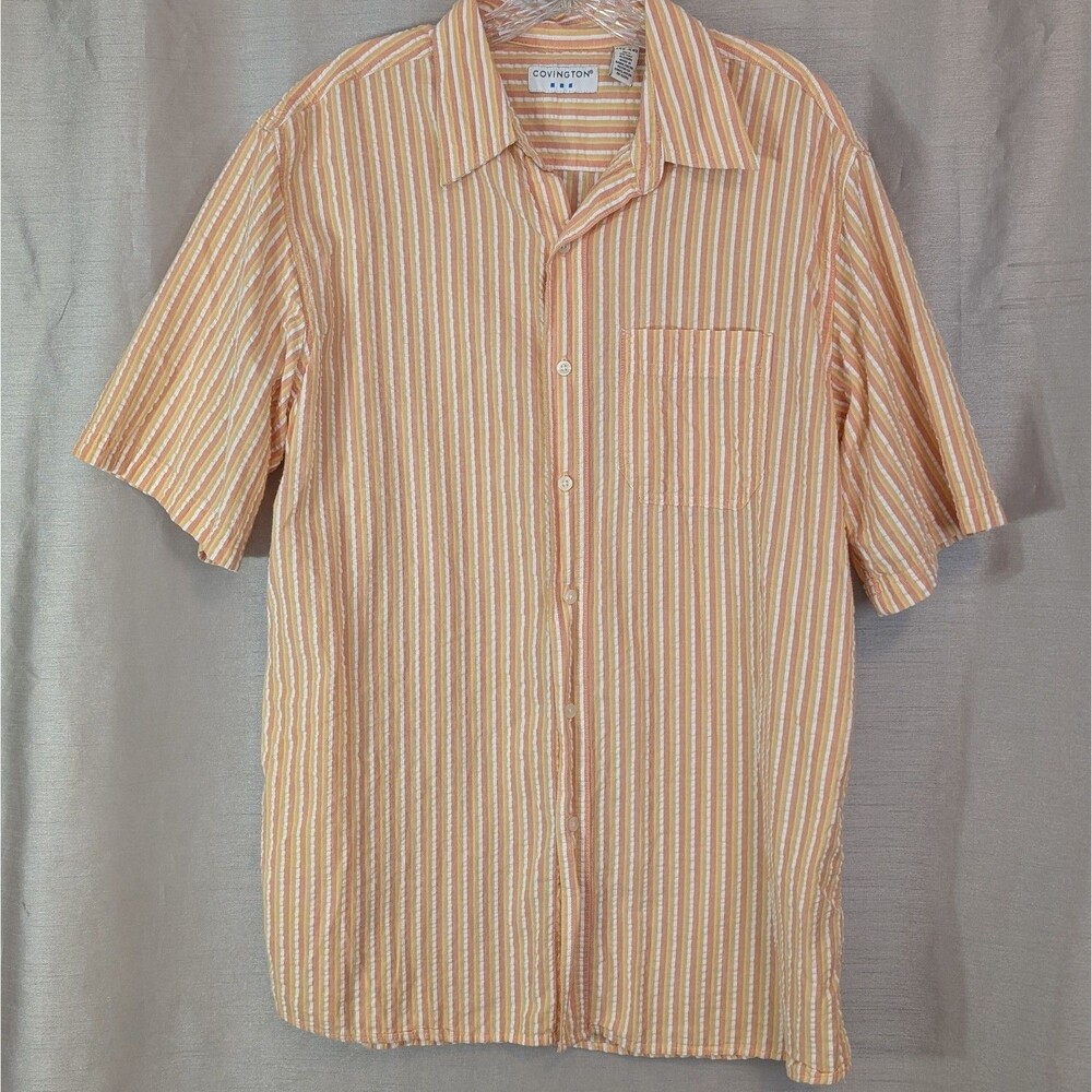 Covington Button Up Shirt Men's Large (42-44) Orange Stripe Pattern 100% Cotton
